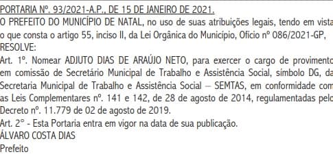 Diário Oficial do Município de Natal publica nomeação de filho de Álvaro Dias como secretário de Assistência Social