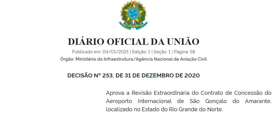 Anac reconhece ‘desequilíbrio' de quase R$ 20,5 milhões e aprova revisão do contrato de concessão do Aeroporto de São Gonçalo do Amarante