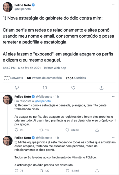 Felipe Neto diz que gabinete do ódio tem estratégia para associá-lo à pedofilia