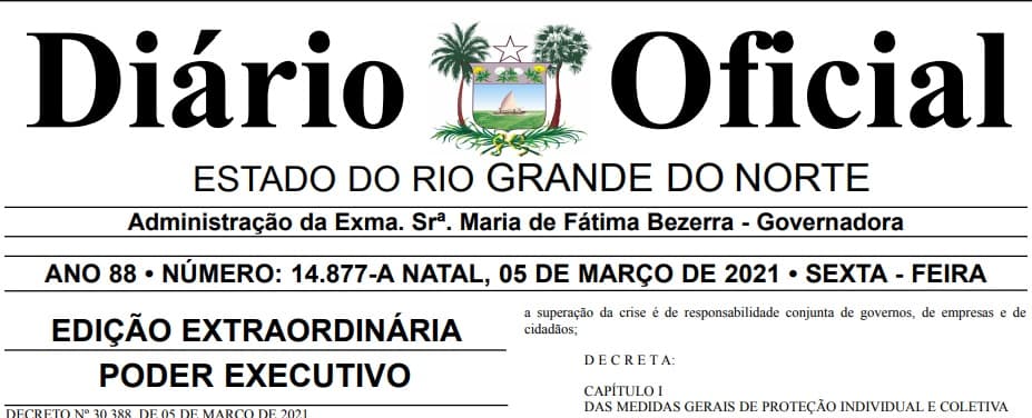 DECRETO PUBLICADO: Toque de recolher no RN de 20h às 6h, de segunda a sábado, e ainda aos domingos e feriados, em horário integral; leia a íntegra