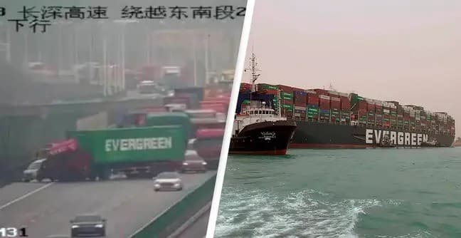 Contêiner da mesma empresa de navio encalhado no Canal de Suez bloqueia rodovia chinesa