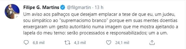 Assessor do governo federal, Filipe G. Martins, condena acusações de suposto gesto de supremacia, diz que é judeu, e que vai processar "um a um"
