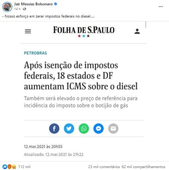 Bolsonaro compartilha notícia sobre ICMS que motivou denúncias em massa derrubando o perfil do Blog do BG no Instagram