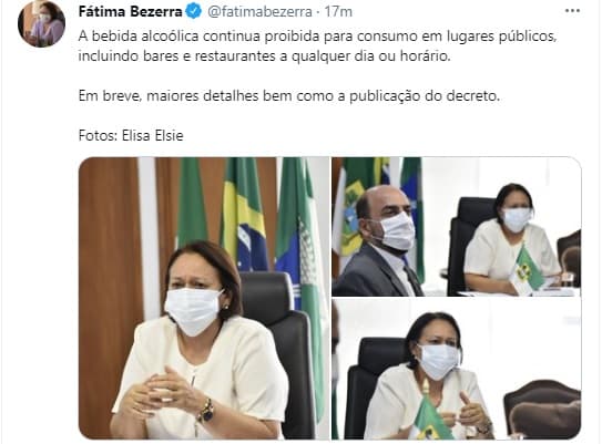 Bebida alcoólica continua proibida para consumo em lugares públicos, incluindo bares e restaurantes a qualquer dia ou horário, diz Fátima, sobre novo decreto
