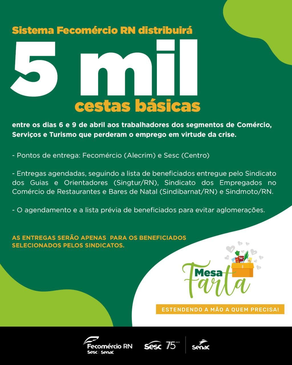 Sistema Fecomércio inicia doação de 5.000 cestas básicas para trabalhadores do comércio, serviços e turismo