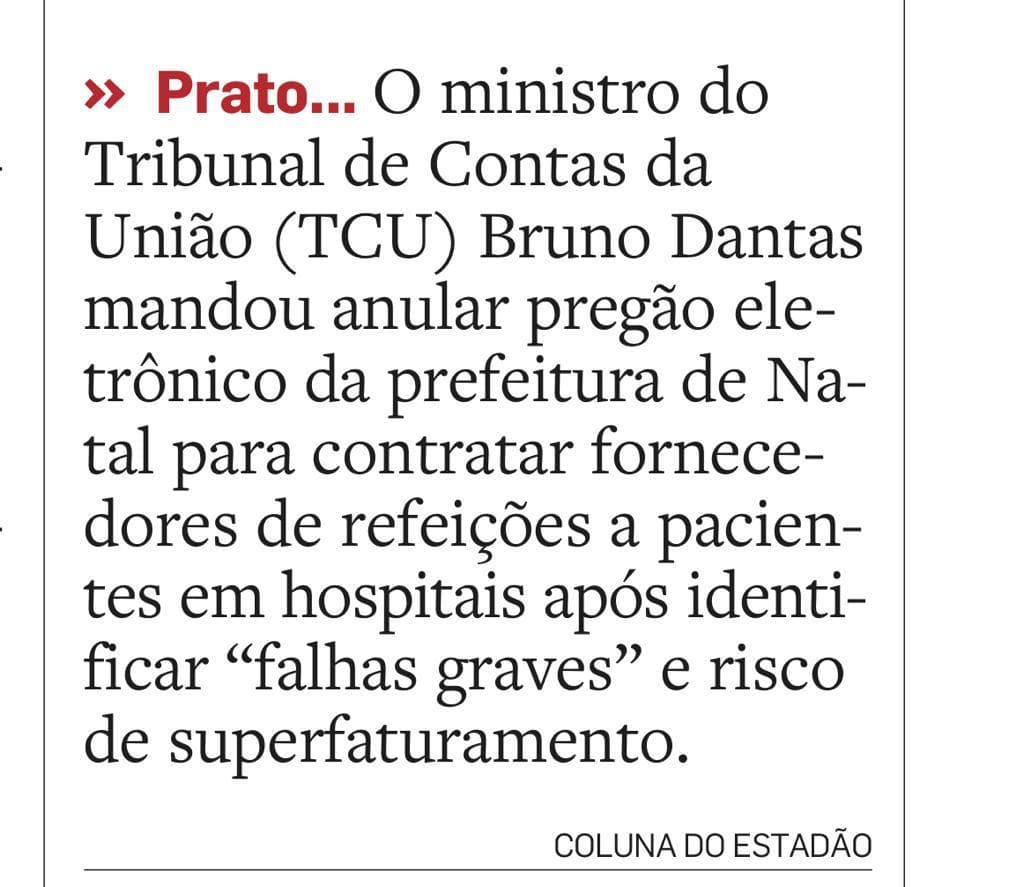 Pregão eletrônico para aquisição de refeições pela Prefeitura do Natal é suspenso pelo TCU