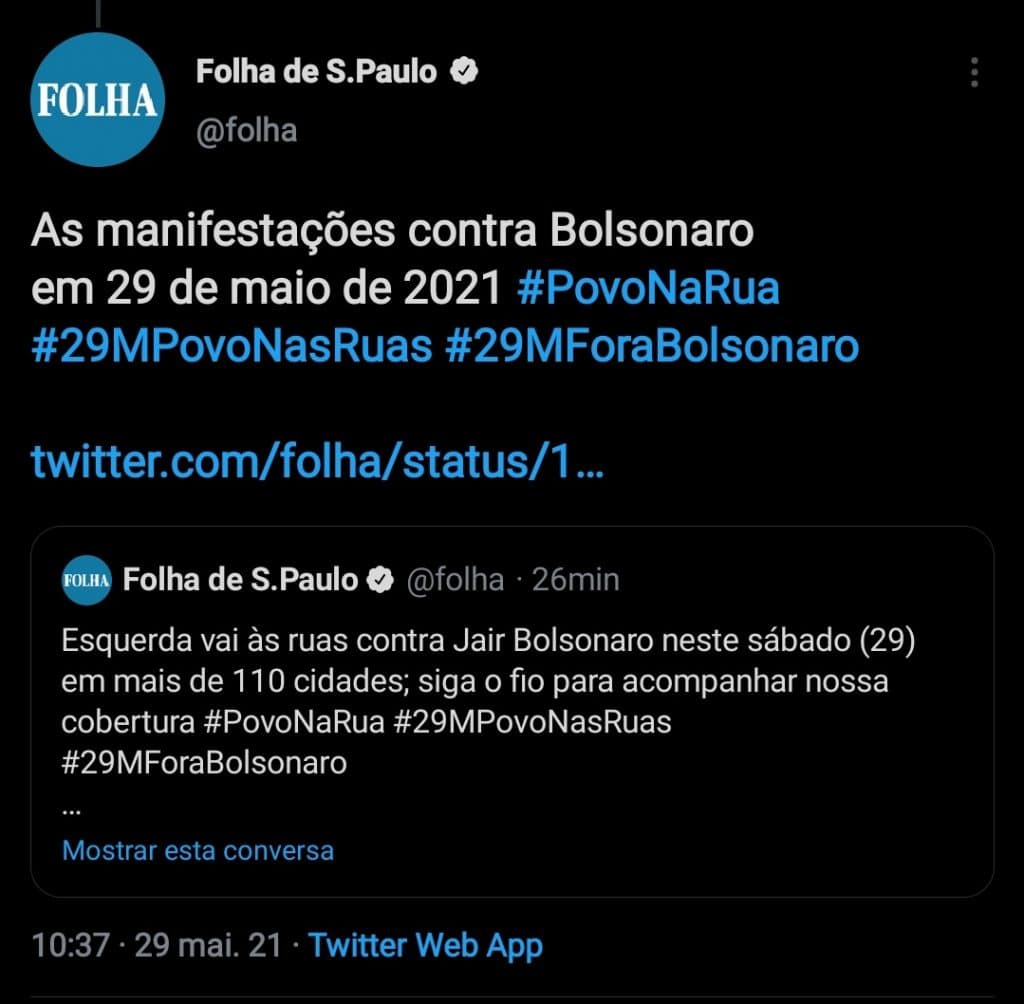 Folha usa hashtags de protestos contra Bolsonaro no Twitter, admite erro e apaga publicações