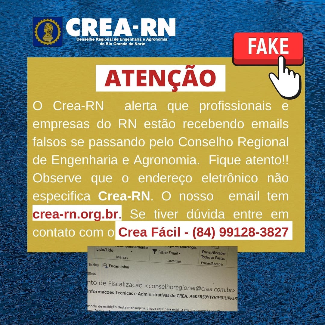 Crea-RN alerta que profissionais e empresas estão recebendo e-mails falsos se passando pelo Conselho