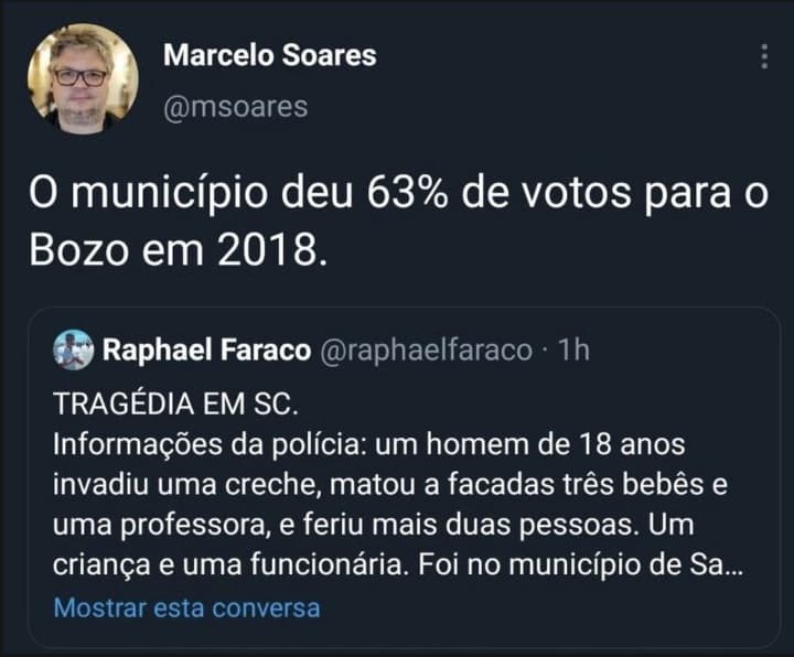 Jornalista da Folha diz que tragédia em cidade de Santa Catarina tem a ver com 63% de votos em Bolsonaro