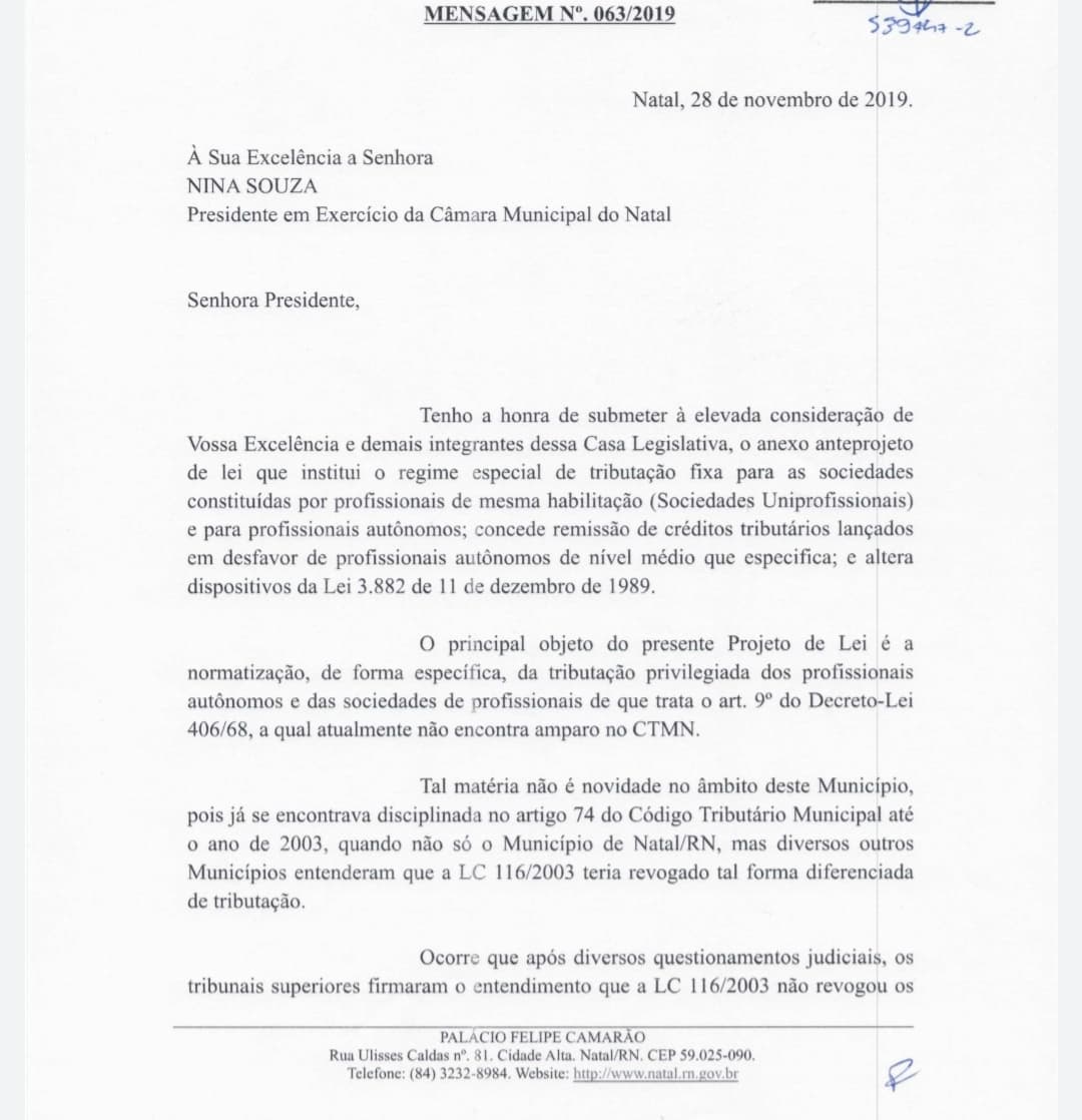Projeto do Executivo em Natal em votação na Câmara aumenta tributo de profissionais autônomos e de sociedades