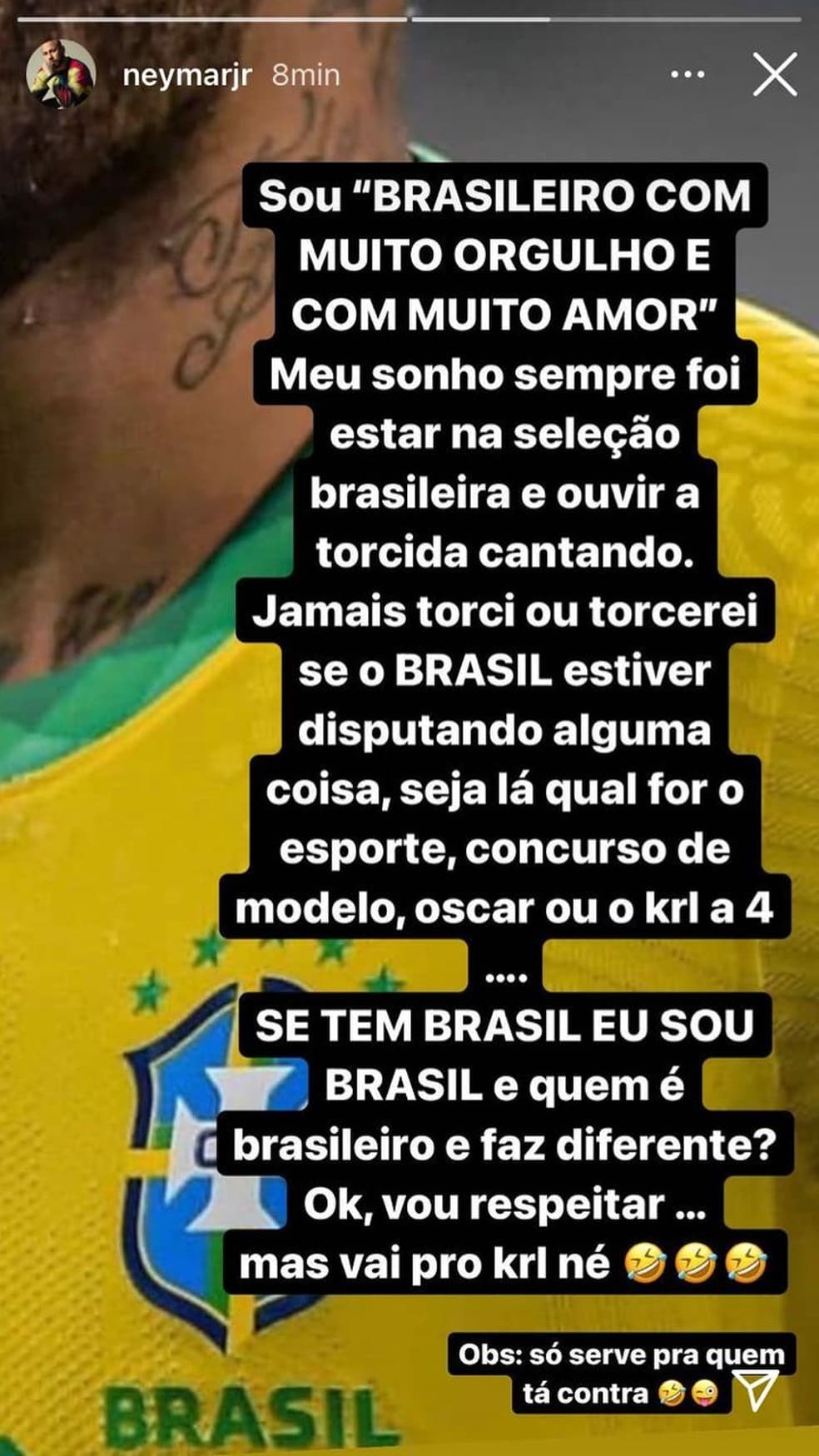 Neymar critica brasileiros que estão torcendo para a Argentina vencer a final da Copa América