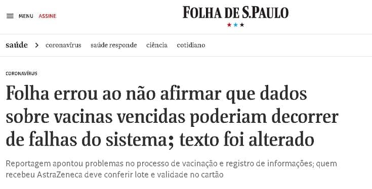 Folha admite erro em reportagem sobre vacinas