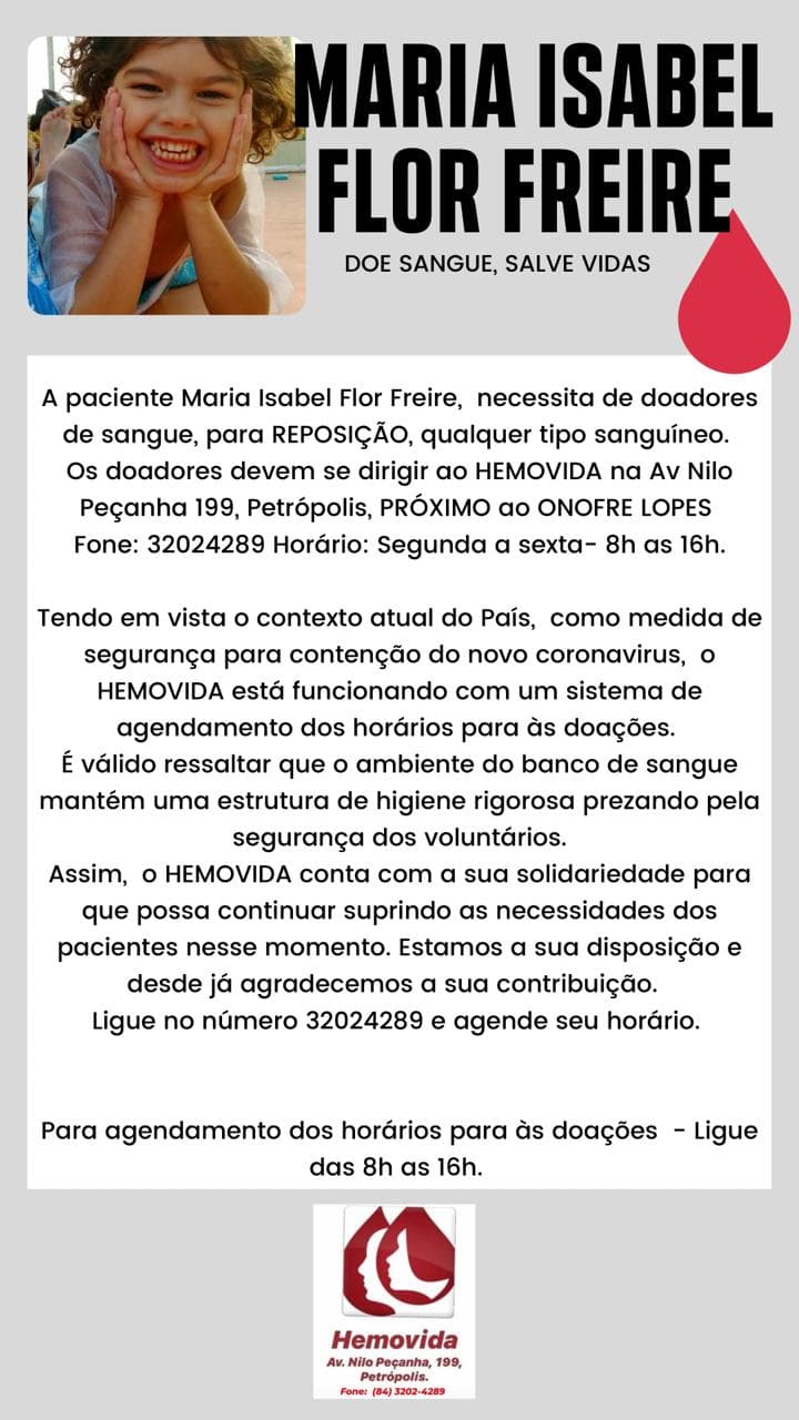 Criança em Natal precisa de doação de sangue