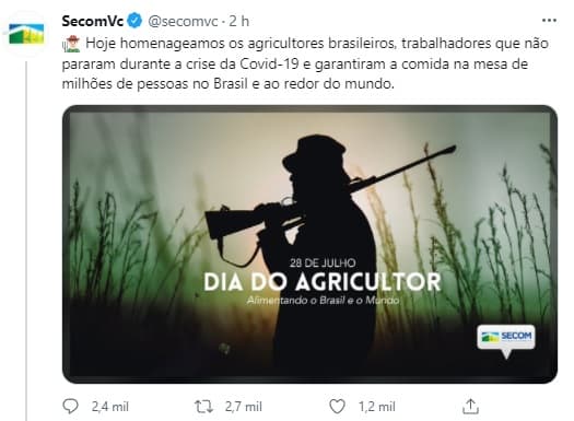 FOTO: Espingarda no lugar de enxada em homenagem da Secom ao Dia do Agricultor gera críticas nas redes sociais