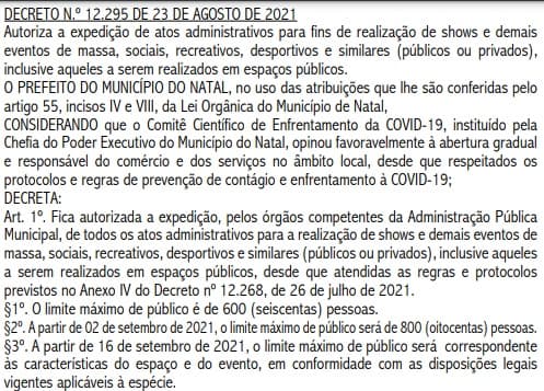 Com distância entre mesas menor, Natal flexibiliza regras para funcionamento de bares e restaurantes, e ainda eventos de massa para até 800 pessoas, com 100% da capacidade