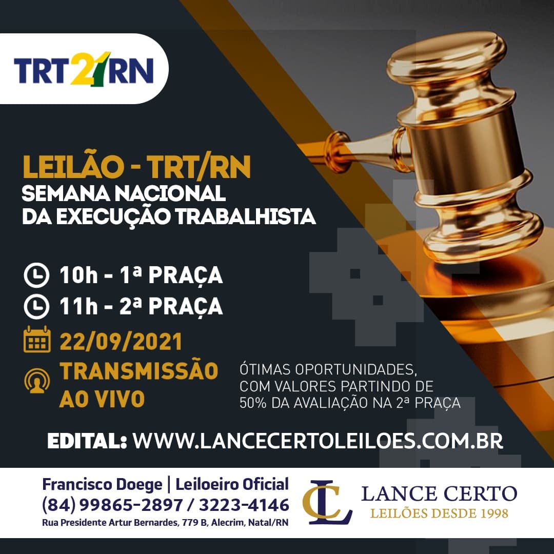 Leilão on-line do TRT-RN acontece dia 22 com vários imóveis, veículos e bens materiais; veja lista completa