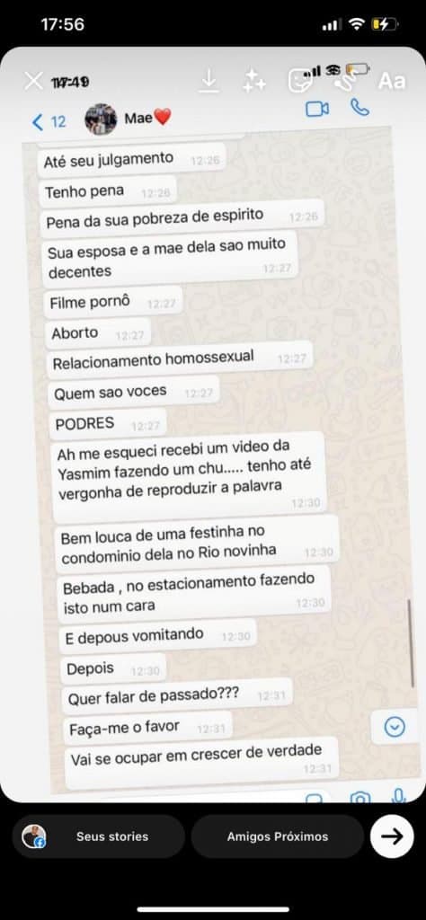Veja print de mãe de Gabriel Medina atacando Yasmin Brunet: “Tenho vídeo dela fazendo chupeta”