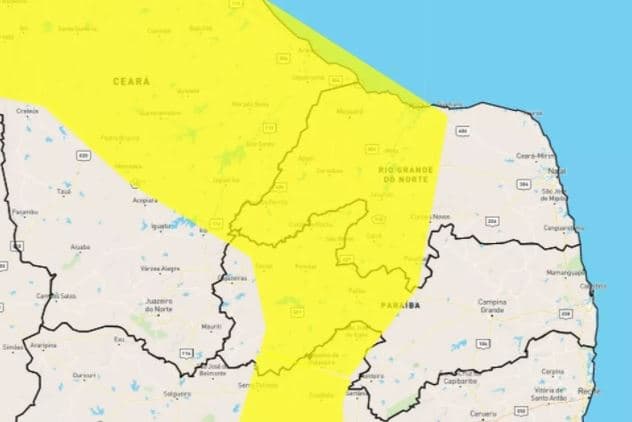 Inmet alerta para chuvas intensas em 91 municípios do RN