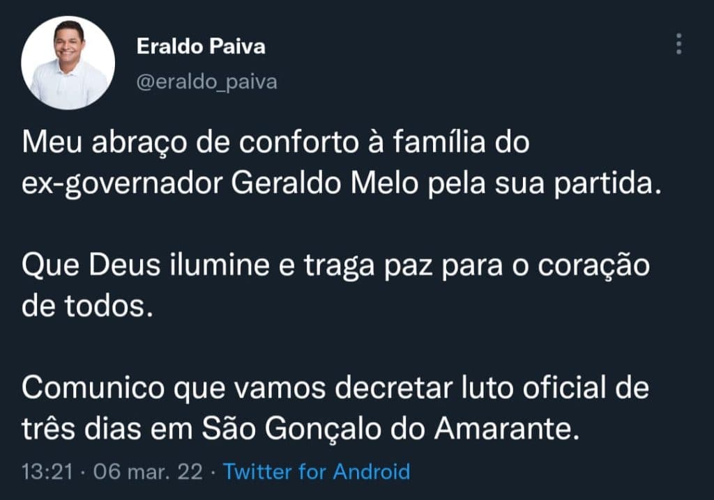 Eraldo decreta luto de três dias em SGA pelo falecimento do ex-governador Geraldo Melo
