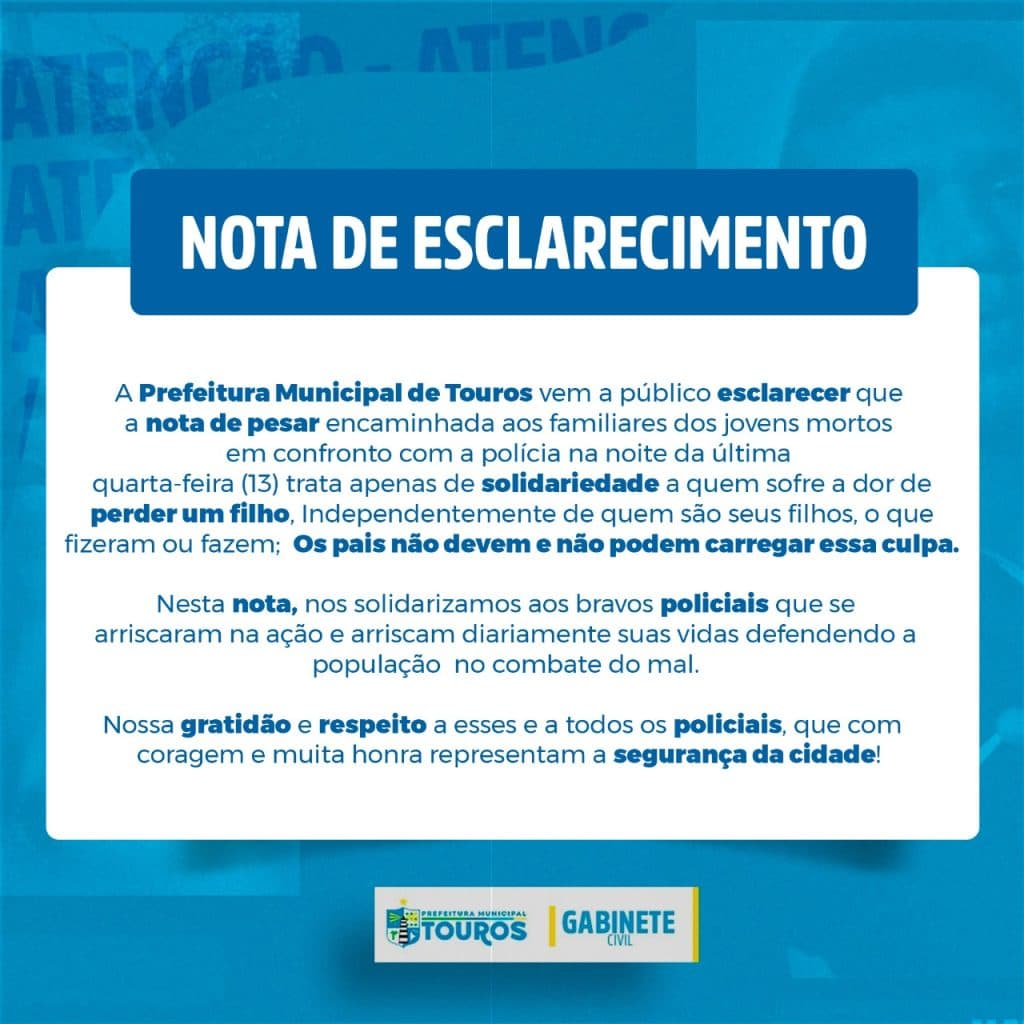 Prefeitura de Touros esclarece comunicado sobre jovens mortos em confronto com a polícia