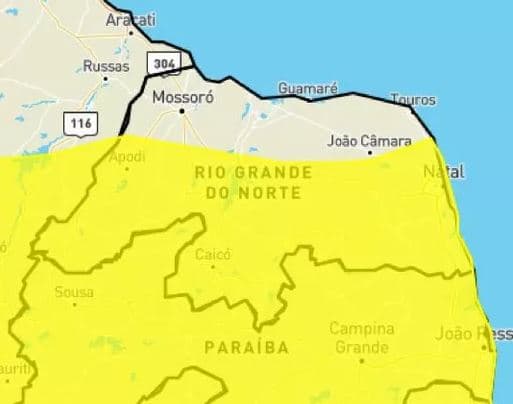 Instituto Nacional de Meteorologia alerta para chuvas intensas em 146 cidades do RN