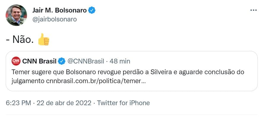 Bolsonaro recusa sugestão de Temer para revogar perdão a Silveira e aguardar conclusão do julgamento
