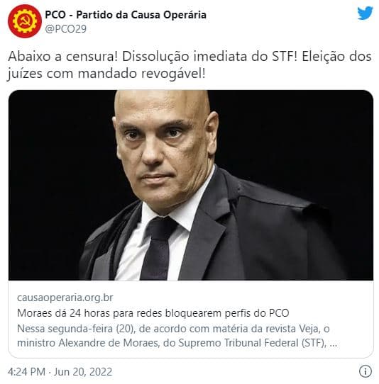 Moraes determina imediato bloqueio de perfis do PCO nas redes sociais; Partido de extrema-esquerda chama decisão de ‘censura' e pede ‘dissolução' da Corte