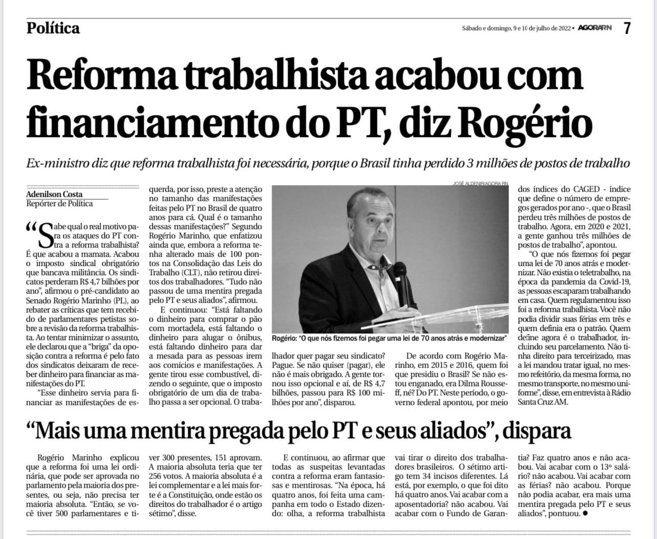 Rogério Marinho defende reforma trabalhista e afirma que "acabou com a mamata" do PT