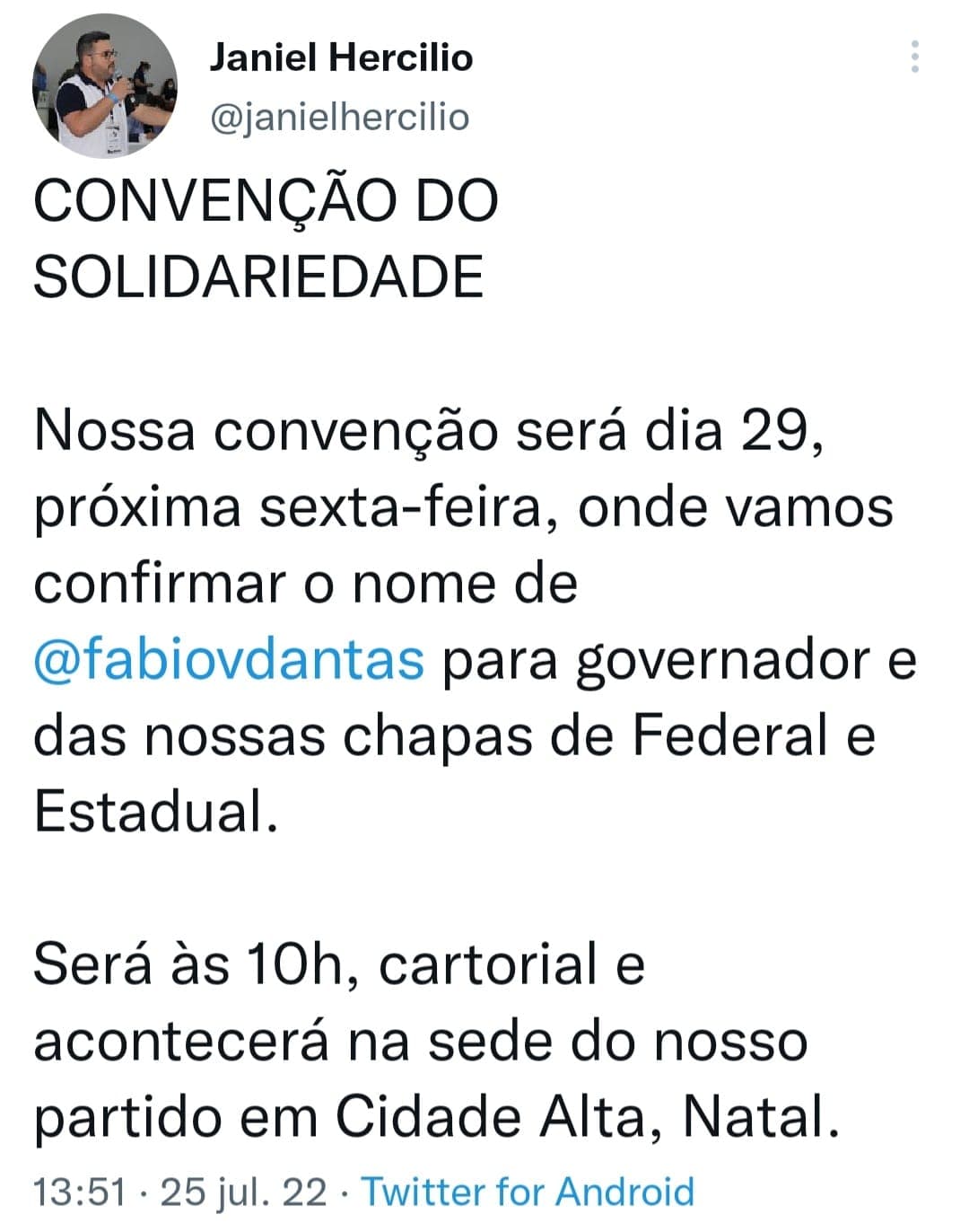 Convenção do Solidariedade será na próxima sexta-feira, 29