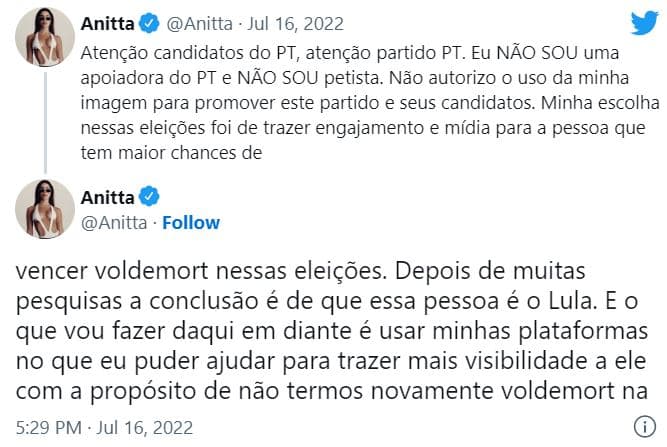 PEGOU AR: Anitta desautoriza PT a usar imagem dela nas eleições: “NÃO SOU petista”