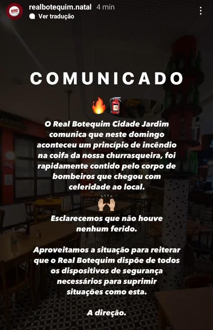 VÍDEO: Bombeiros controlam princípio de incêndio no Real Botequim, na zona Sul de Natal