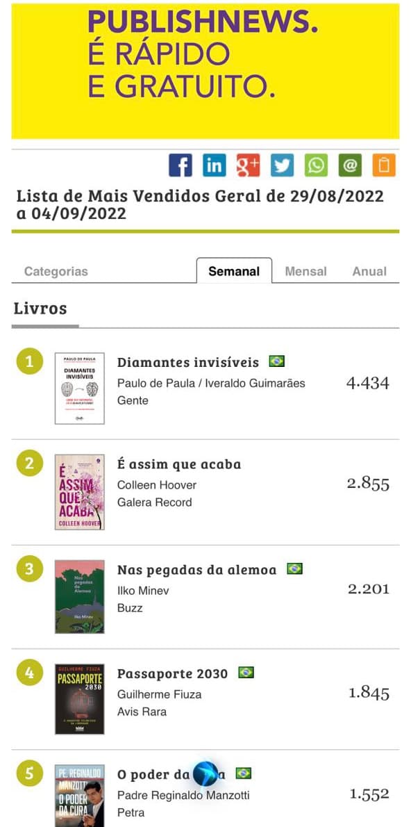 "DIAMANTES INVISÍVEIS": Livro de Paulo de Paula é listado como o mais vendido do Brasil