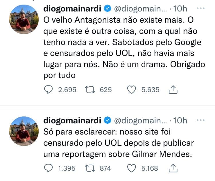 Diogo Mainardi: “O Antagonista” foi censurado pelo UOL após reportagem sobre Gilmar Mendes