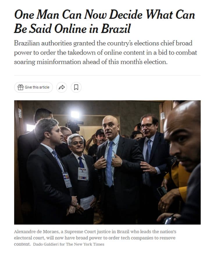 NY Times destaca momento de censura no Brasil: Moraes decide o que pode ser dito online