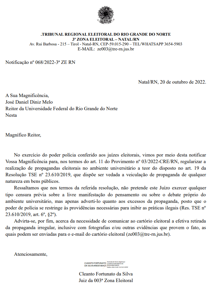 TRE notifica UFRN, PL e deputadas do PT para não realizarem eventos eleitorais no Campus