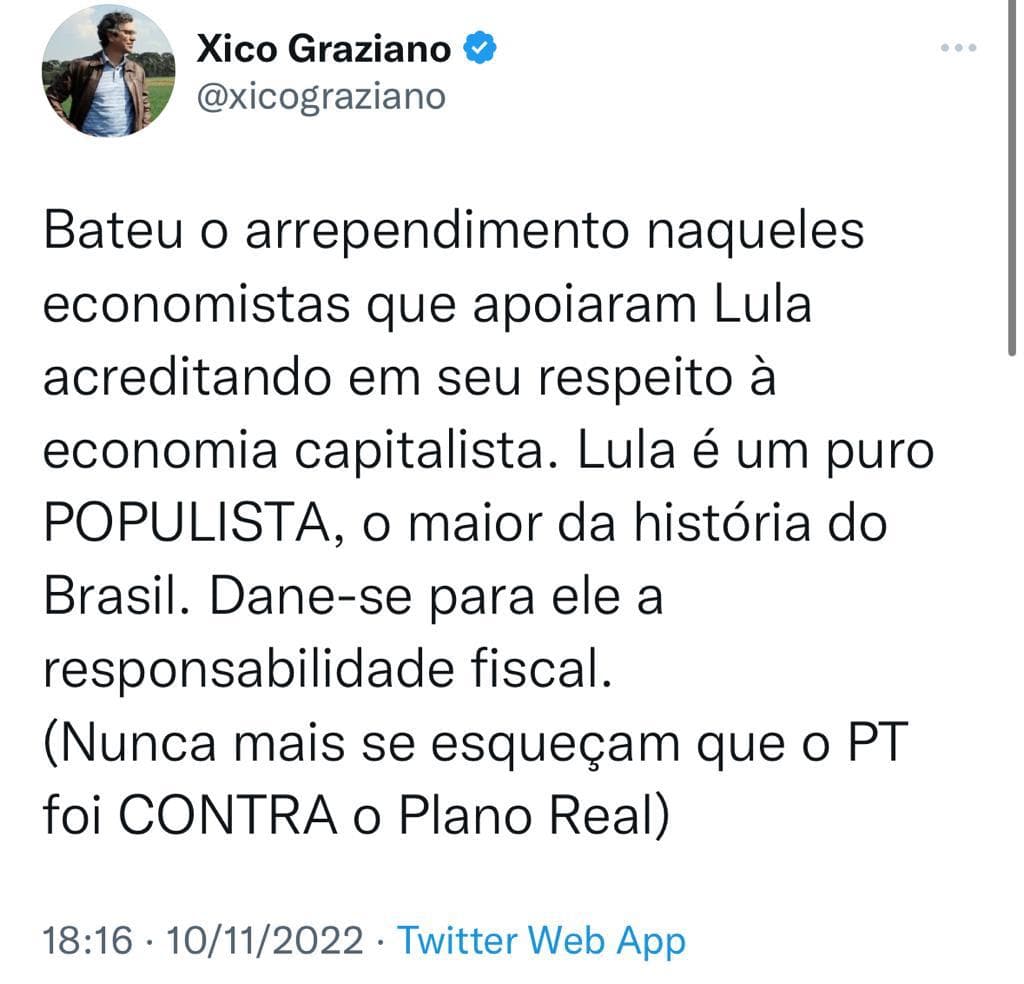 "Bateu o arrependimento naqueles economistas que apoiaram Lula", diz Xico Graziano