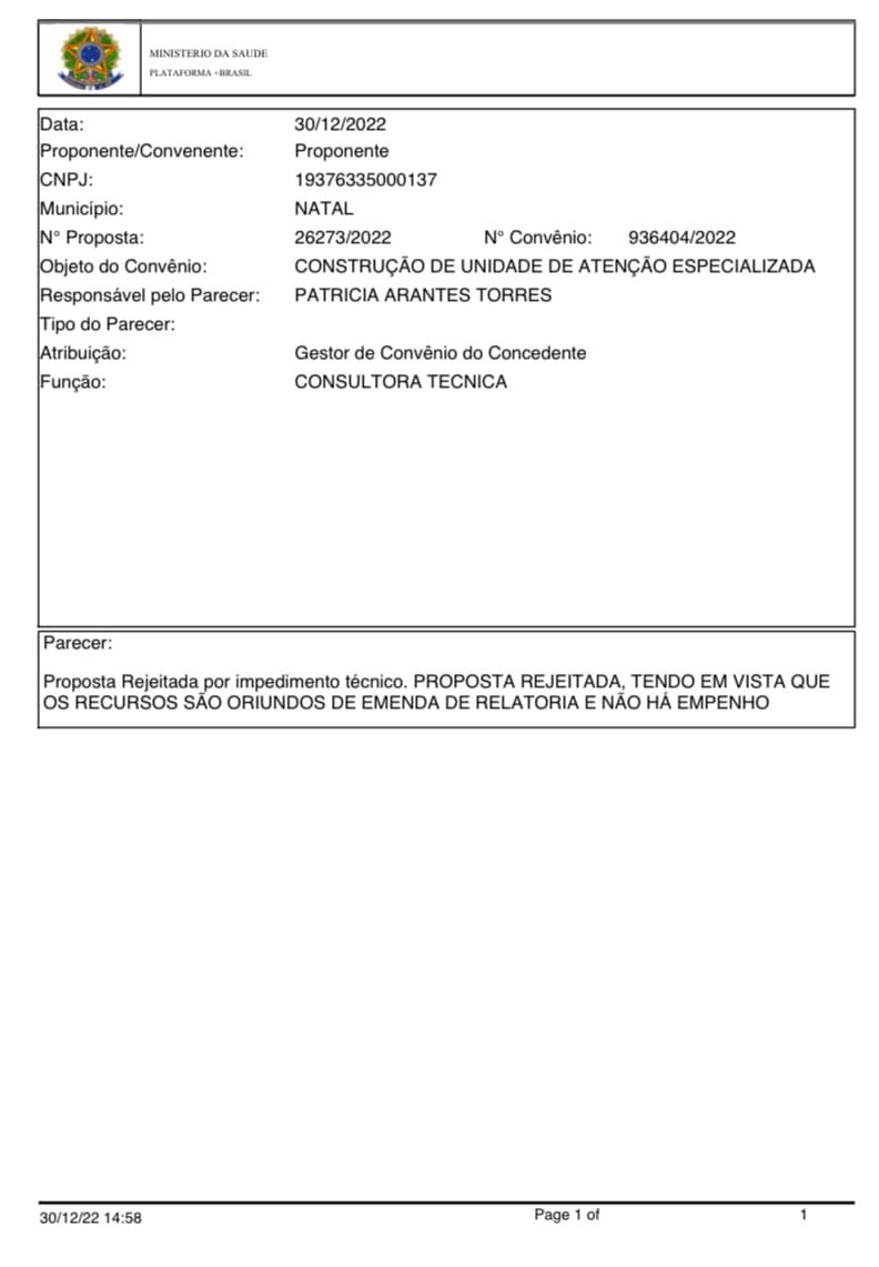Decisão do STF contra emendas do relator faz Natal perder 30 milhões para a construção do Hospital Municipal