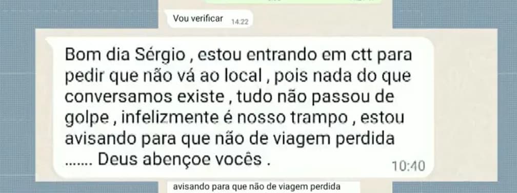 Golpista diz para vítima não viajar após receber por falsa locação na praia: ‘Nosso trampo'