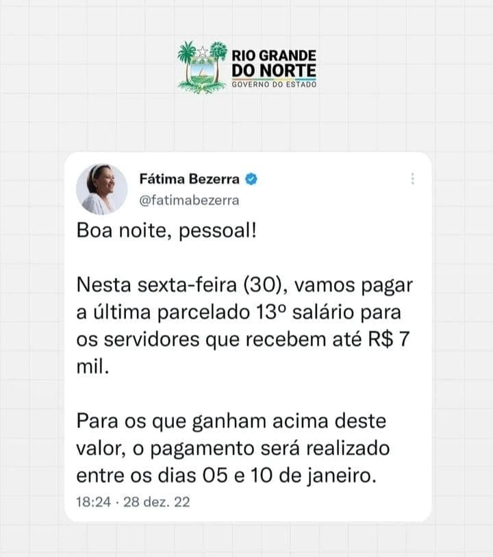 Fátima anuncia pagamento de última parcela do 13° até dia 10 de janeiro de 2023