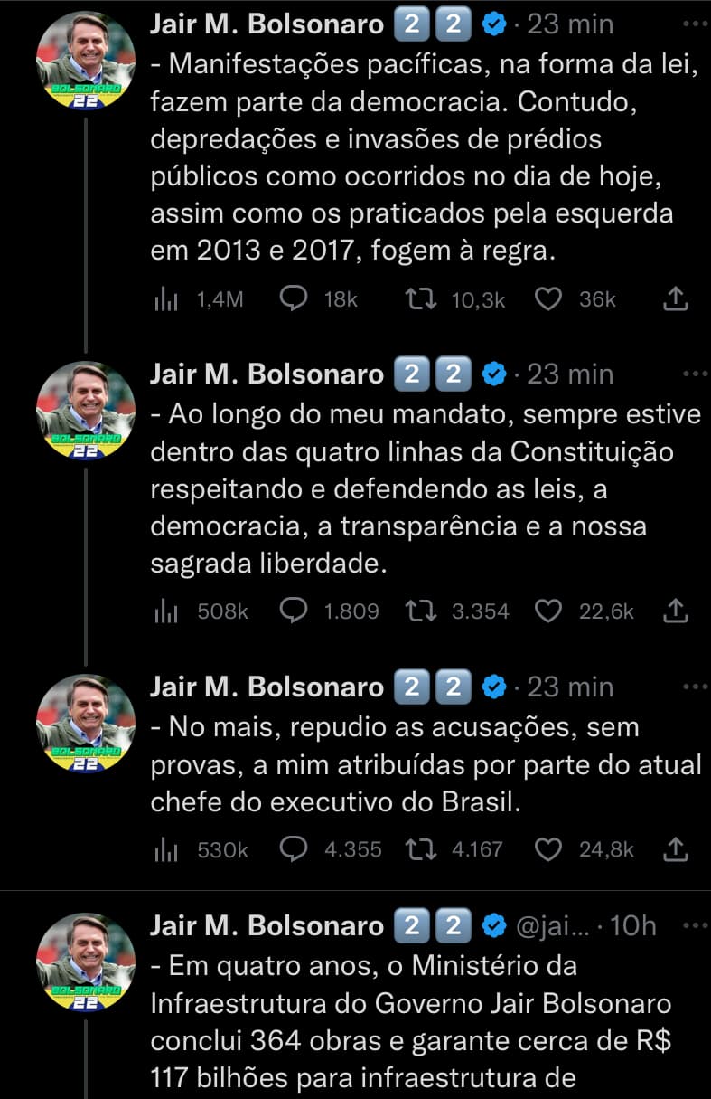 Bolsonaro se pronuncia,  diz que repudia depredações e também acusações feita por Lula de que teria contribuído com invasões
