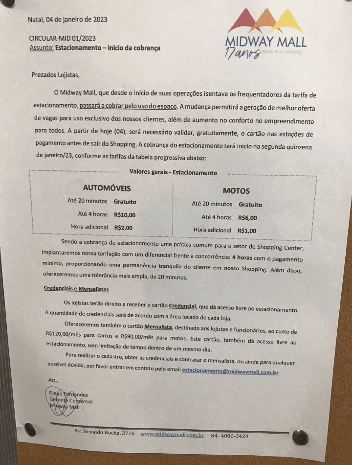 Midway solta comunicado sobre cobrança de estacionamento