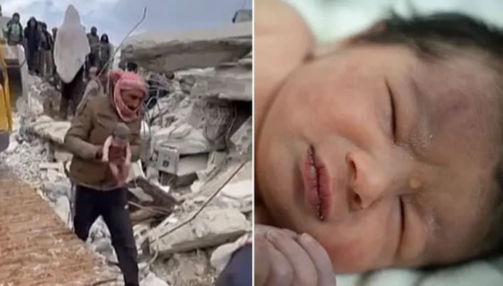 Recém-nascida ainda com cordão umbilical é resgatada na Síria, perto da fronteira com a Turquia; mãe morre sob os escombros