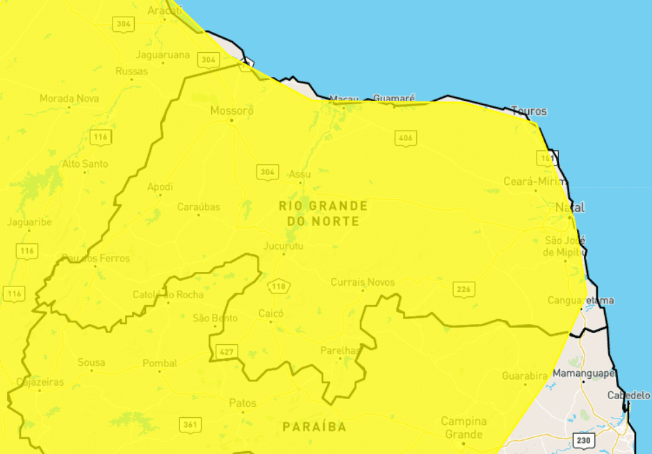 Inmet alerta para chuvas intensas em quase todo RN
