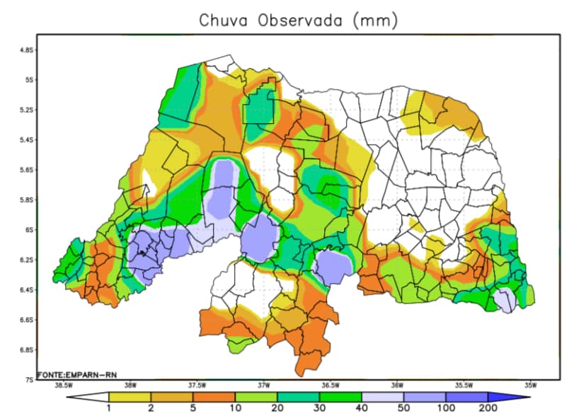 Veja o quanto choveu nas últimas 24 horas no RN e quais as cidades com maior índice pluviométrico