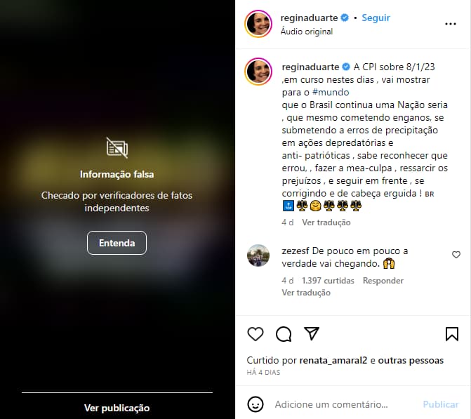 Regina Duarte volta a ser advertida pelo Instagram por publicar fake news sobre 8 de janeiro