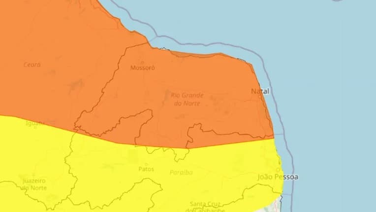 Inmet emite alerta de perigo com previsão de chuvas e ventos intensos para o RN