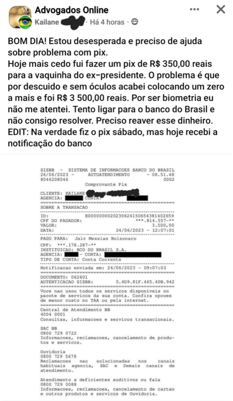 Advogada erra PIX e transfere R$ 3.500 para Bolsonaro