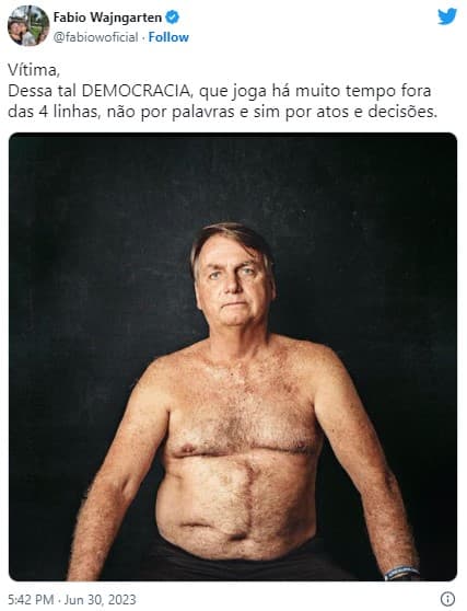 Wajngarten posta foto de Bolsonaro sem camisa: “Vítima dessa tal democracia”