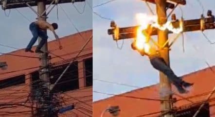 [VÍDEO] IMAGENS FORTES: Homem alcoolizado sobe em poste, se equilibra em fios, toma choque e morre