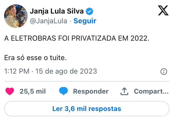 Janja liga privatização da Eletrobras ao apagão que atingiu 25 estados e o DF